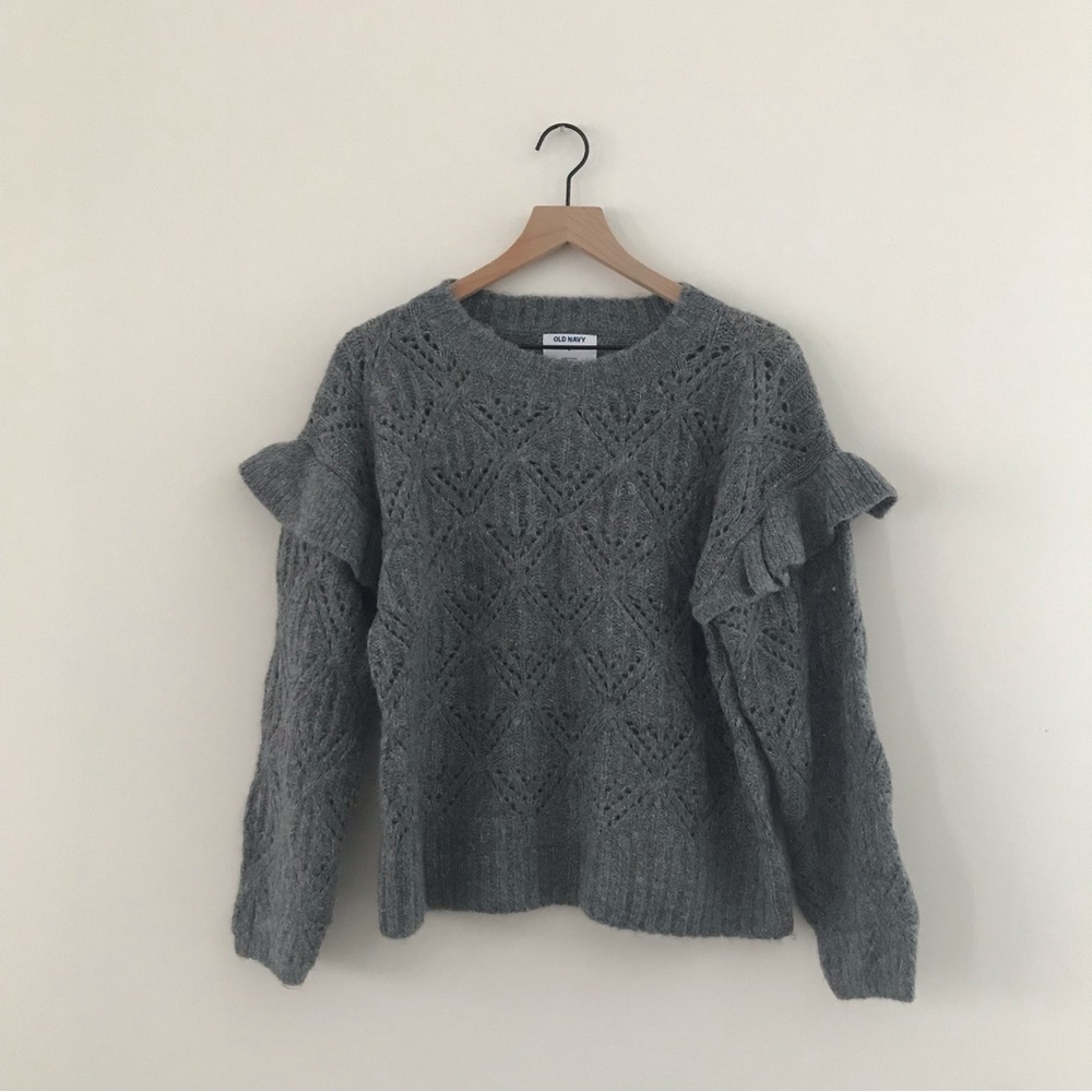 Old Navy Gray Pointelle-Knit Ruffle Sleeve Sweater - Size Medium - Picture 6 of 9